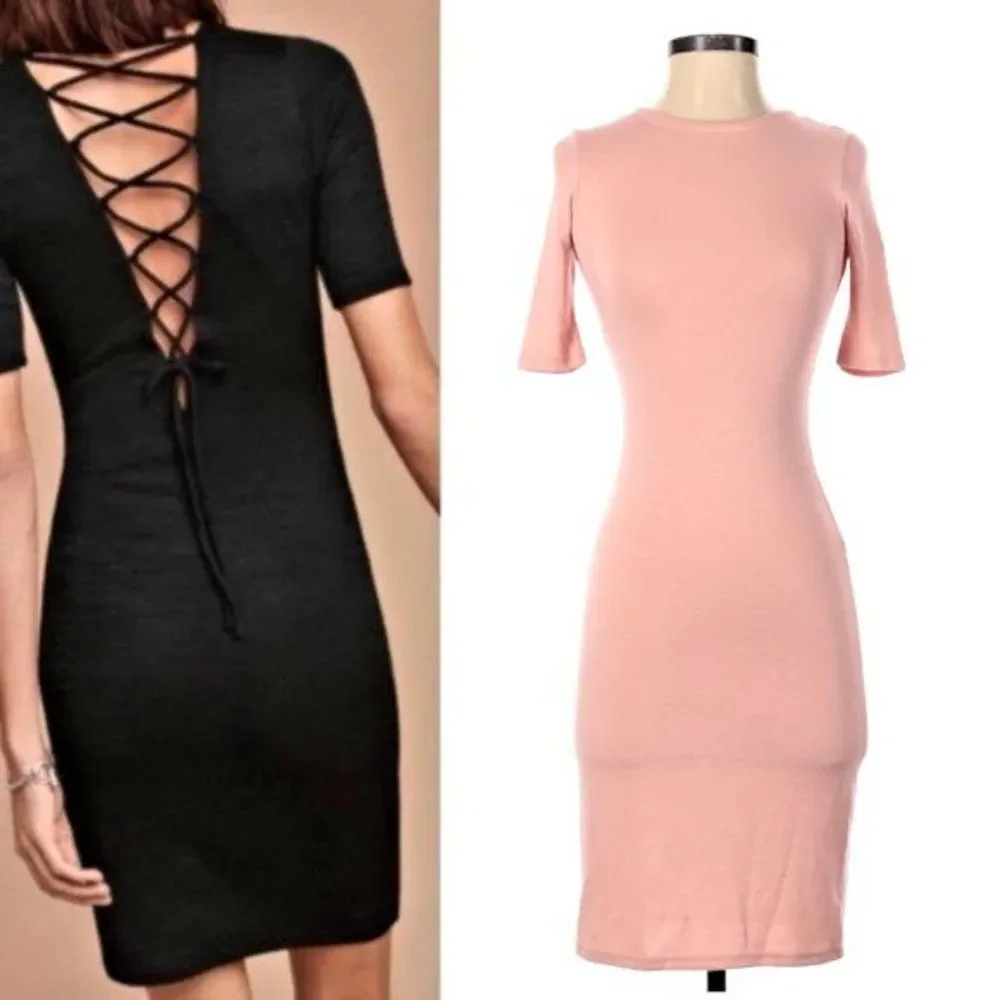 Aritzia Wilfred Free Dress Bodycon Mini Pink Knit Lace Up Corset Size XS